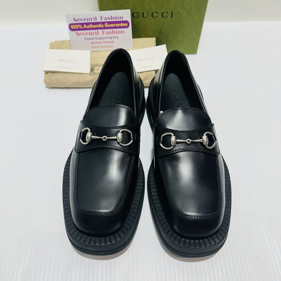 Gucci Horsebit Chunky Loafers Lug Sole Black Leather Shoes G 9/ US 9.5 NIB $990 - Picture 4 of 13